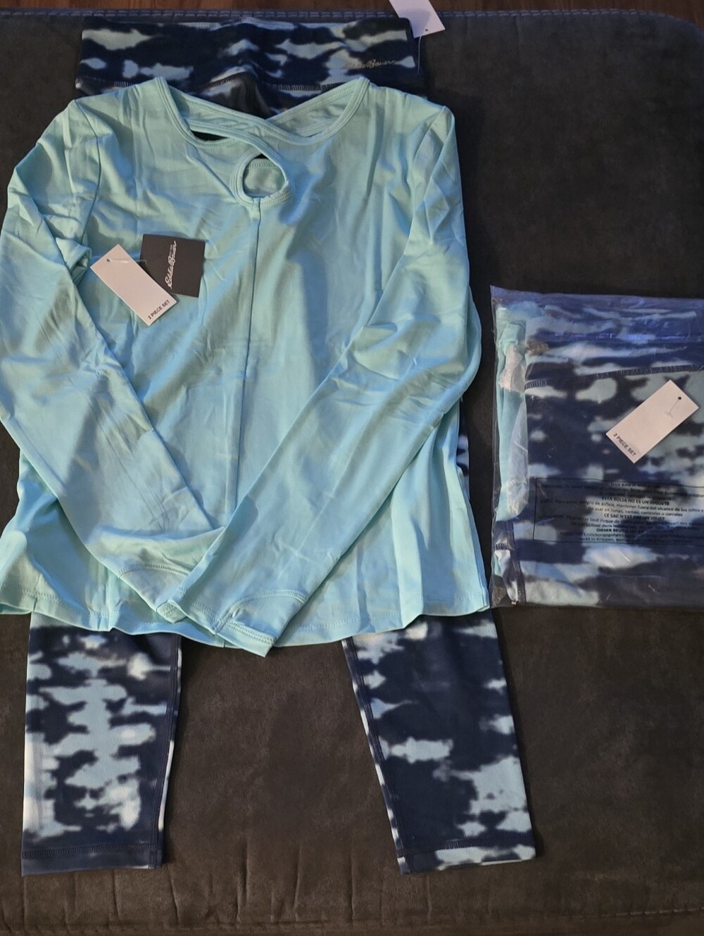 A large Mint Green Long Sleeve Top with Blue Tie-Dye Leggings